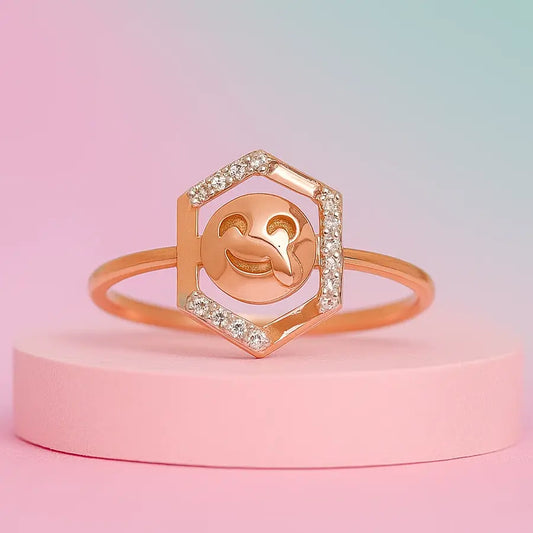 Hexagon Smiley Gold Ring