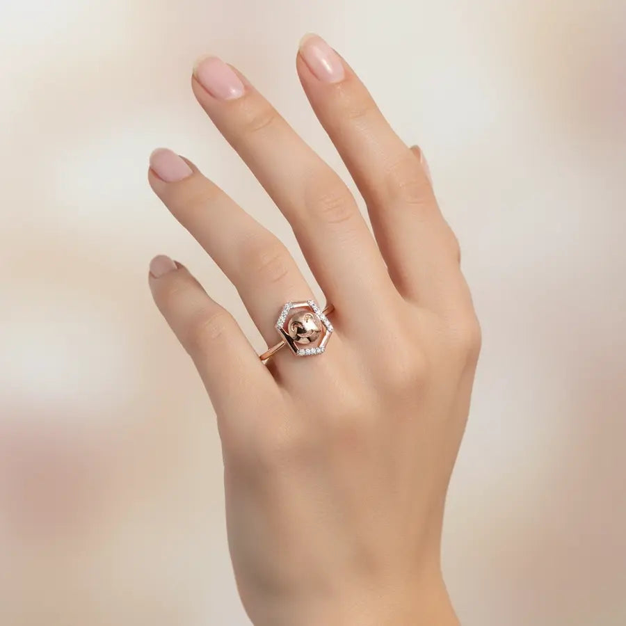 Hexagon Smiley Gold Ring