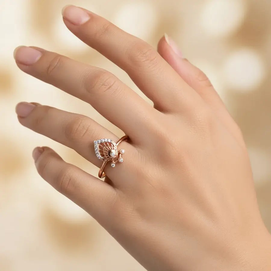 Peacock Feather with Stones Gold Ring