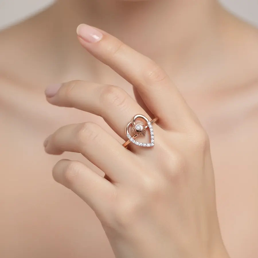 Heart Frame Feather Gold Ring