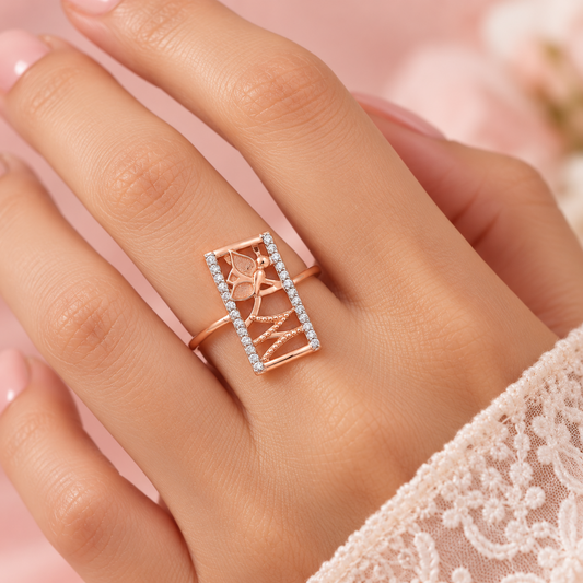 Rectangle Frame Butterfly Gold Ring