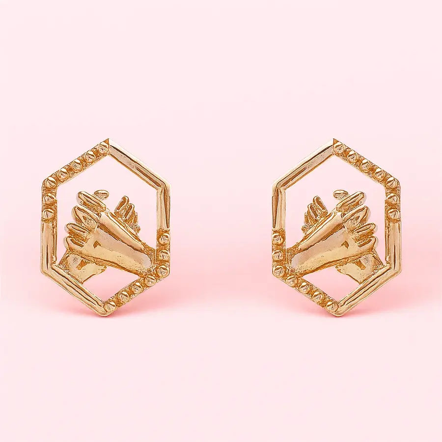 Twin Hands Holding Gold Earrings