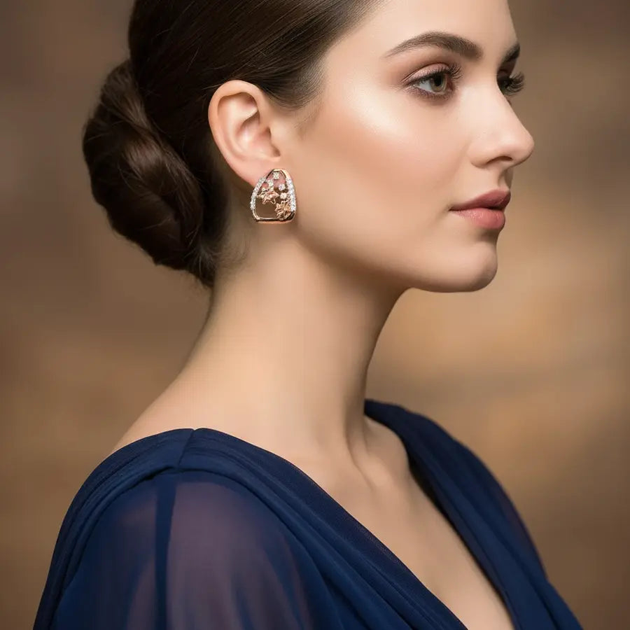 Curved Triangle Florals Gold Earrings