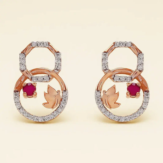 Butterfly Red Stone Circles Gold Earrings