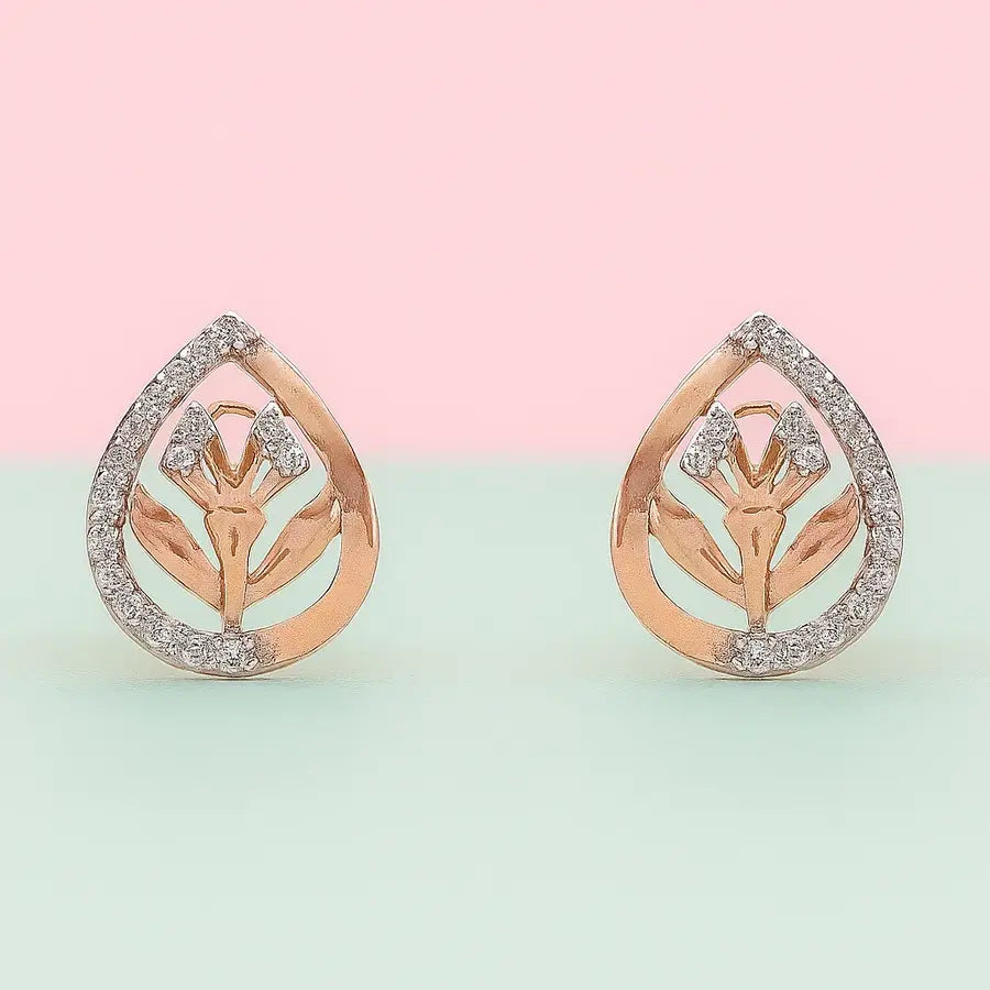 Twin Leaves Stem Gold Earrings