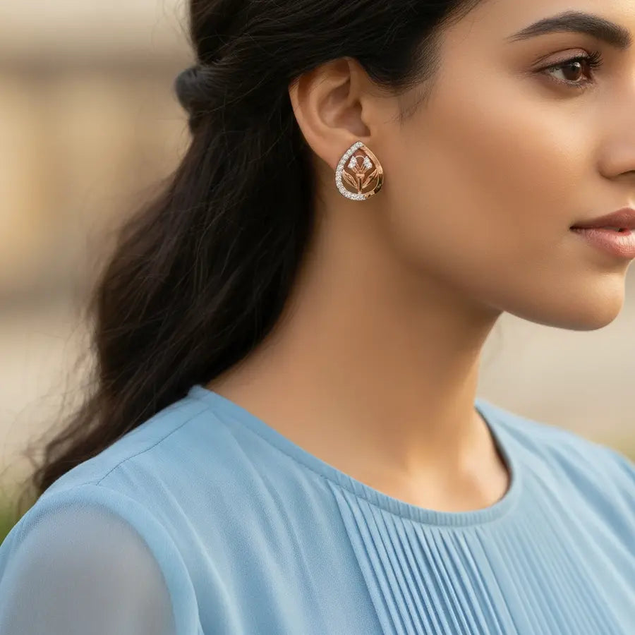 Twin Leaves Stem Gold Earrings