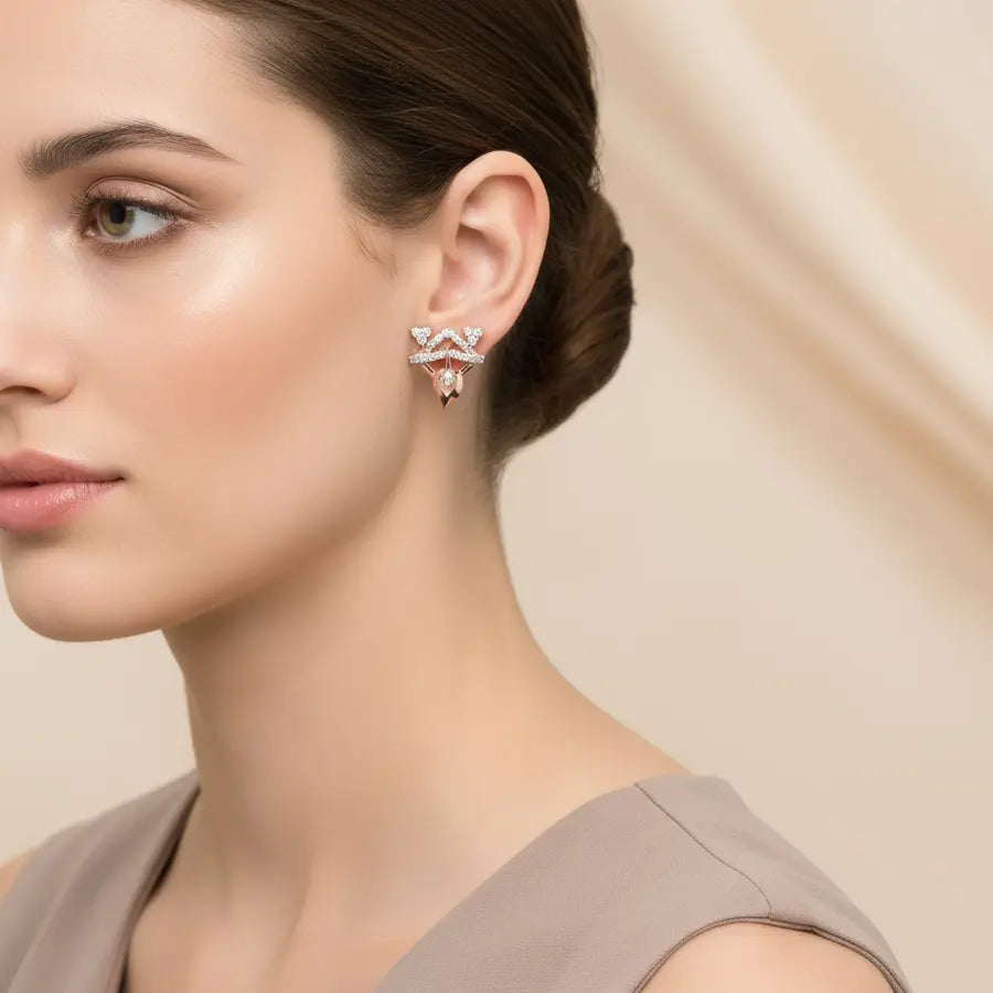 Diamond Drop Feather Gold Earrings