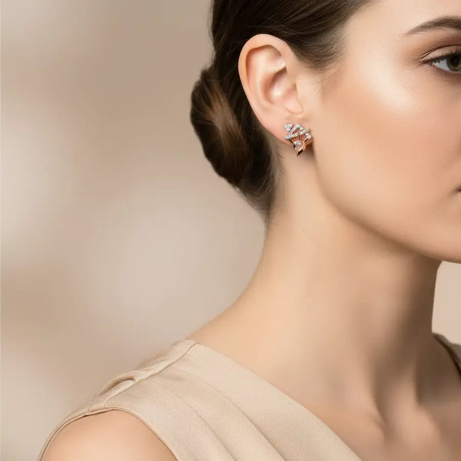 Diamond Drop Feather Gold Earrings