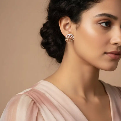 Circle Stone Feather Gold Earrings