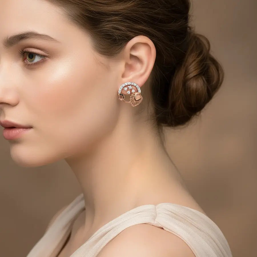 Circle Stone Feather Gold Earrings