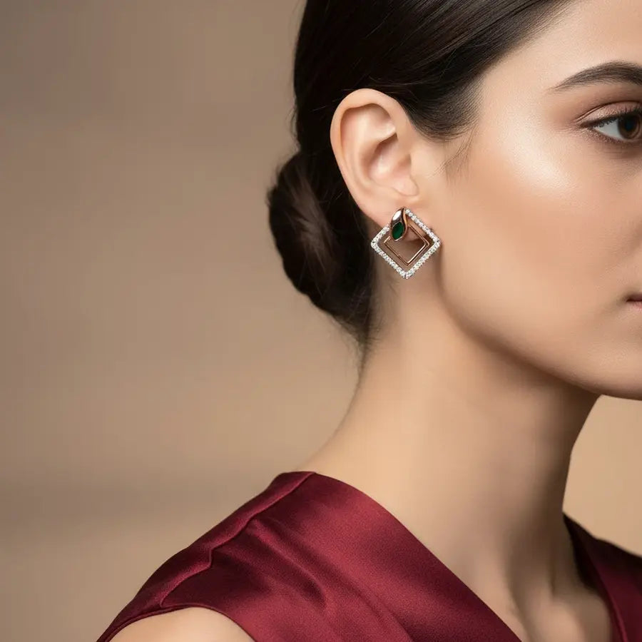 Green Feather Gold Earrings