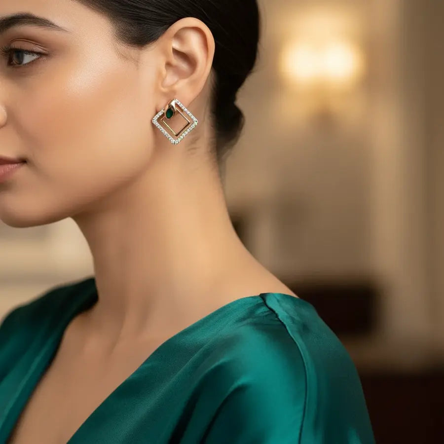 Green Feather Gold Earrings