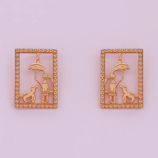 Umbrella Girl & Dog Gold Earrings