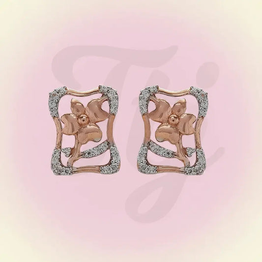 Curved Rectangle Flower Gold Earrings