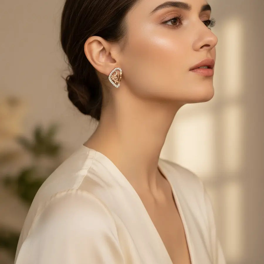 Curved Triangle Flowers Gold Earrings