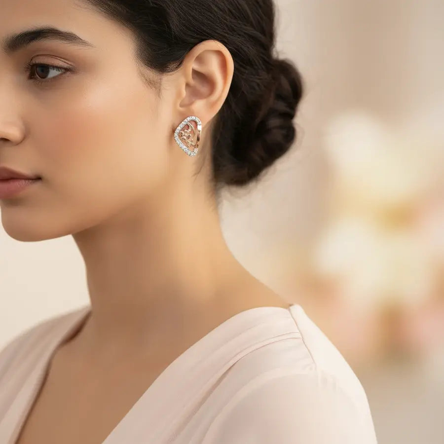 Curved Triangle Flowers Gold Earrings