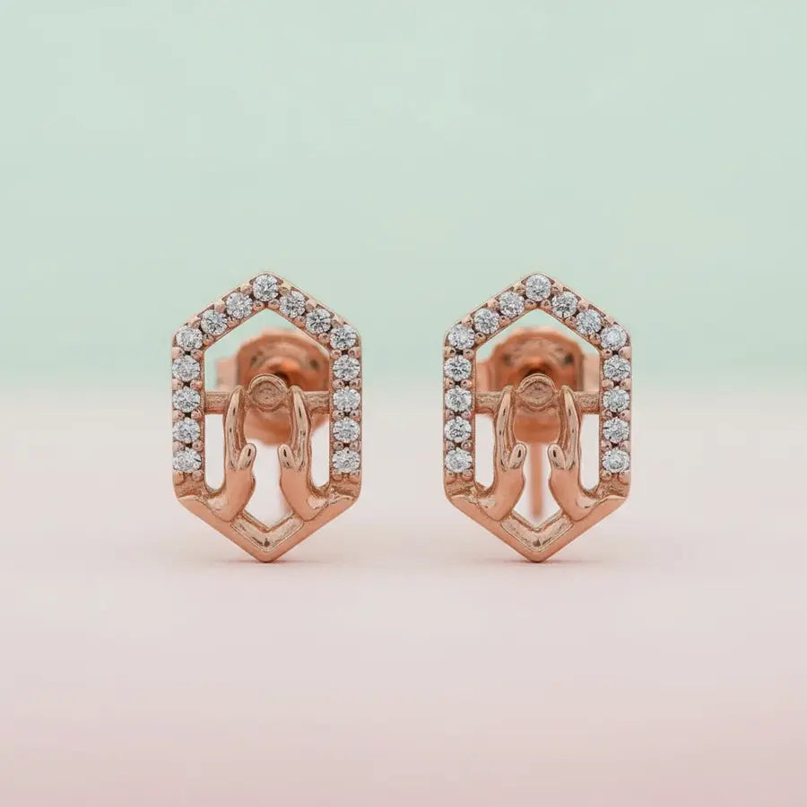 Hexagon Hands Gold Earrings