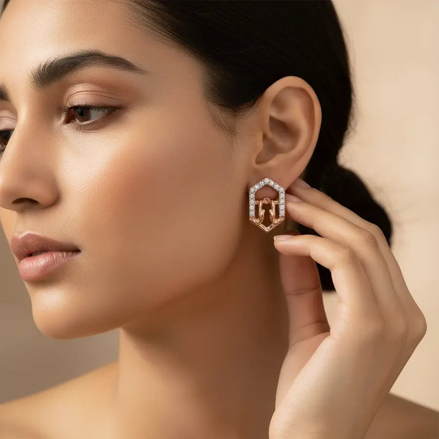Hexagon Hands Gold Earrings