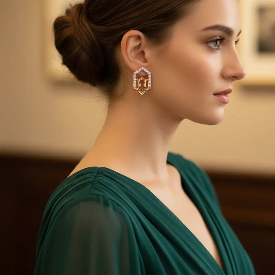 Hexagon Hands Gold Earrings