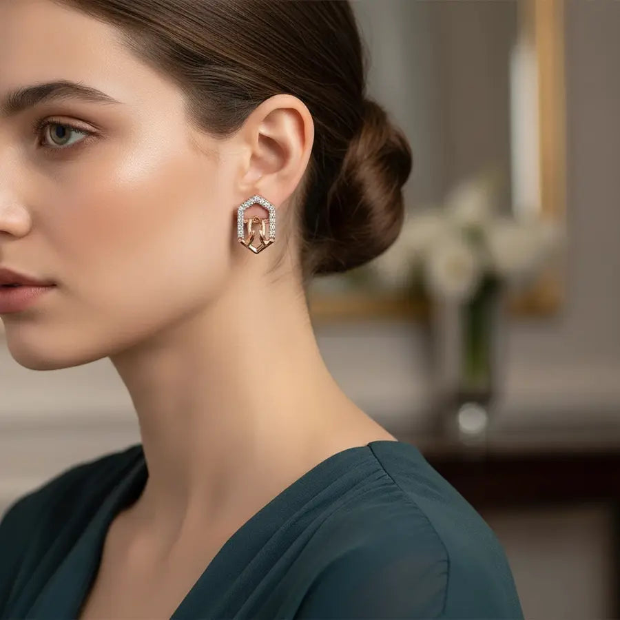 Hexagon Hands Gold Earrings