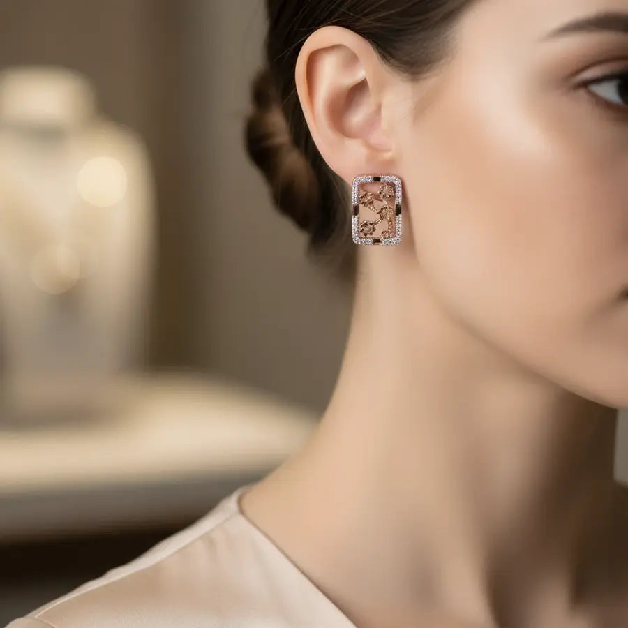 Rectangle Floral Five Gold Earrings