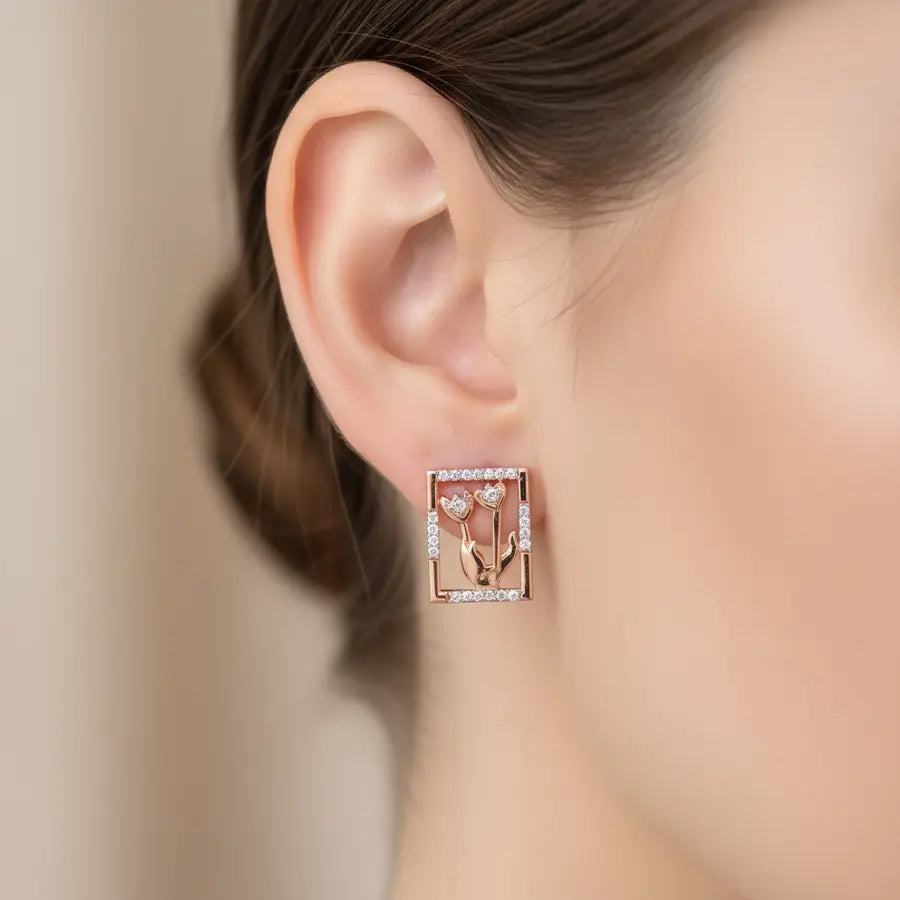 Twin Flowers Hand Gold Earrings