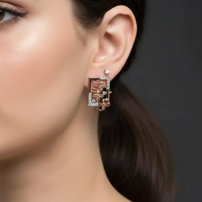 Rectangle Floral Gold Earrings