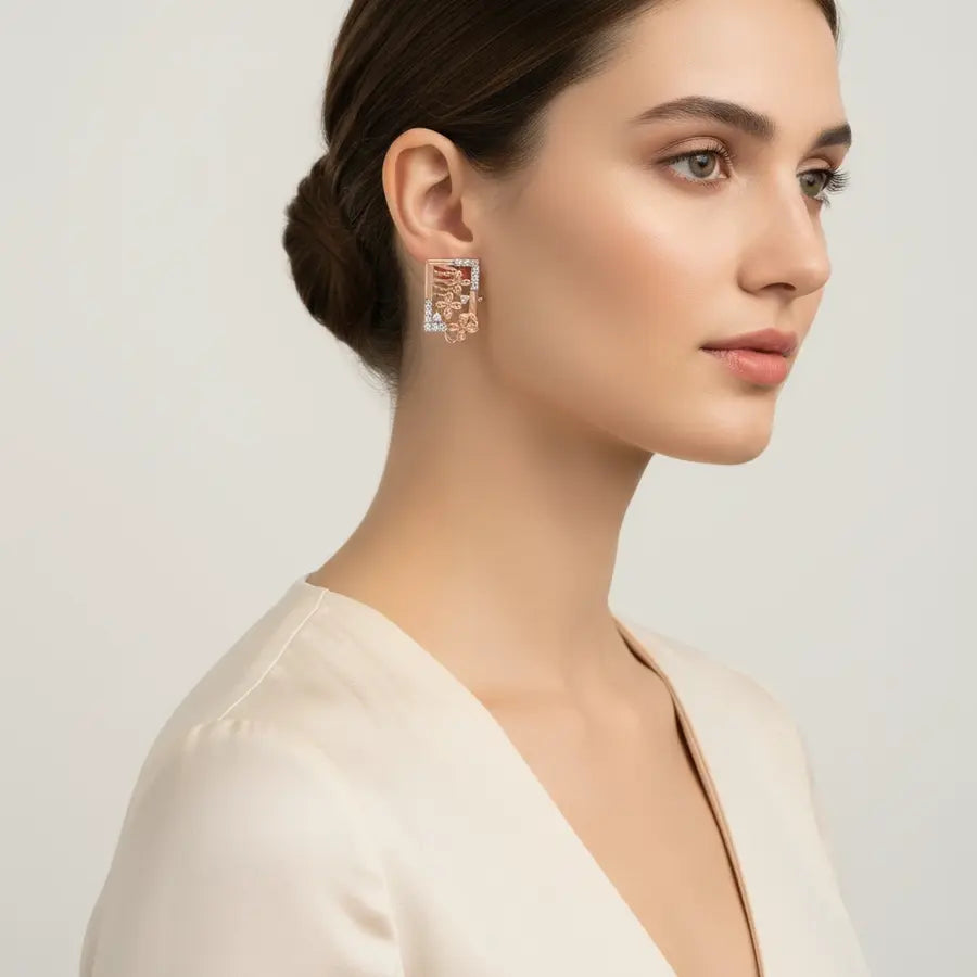 Rectangle Floral Gold Earrings