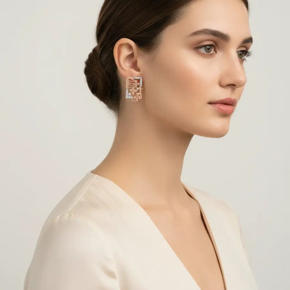 Rectangle Floral Gold Earrings