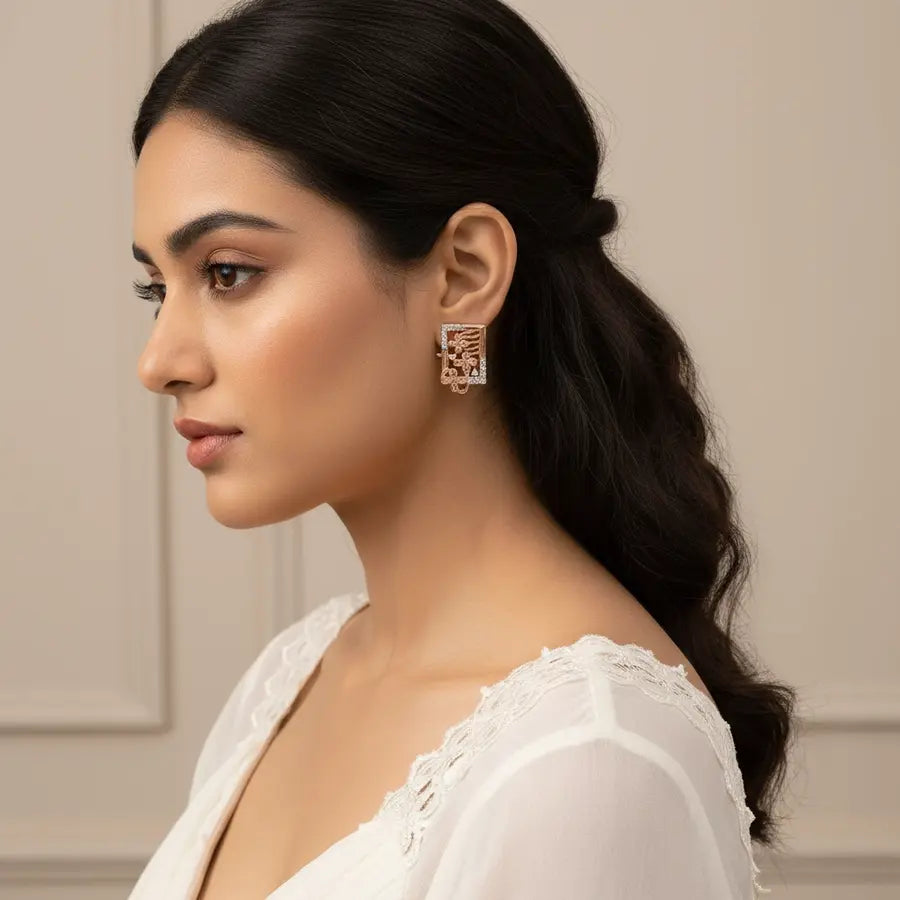 Rectangle Floral Gold Earrings