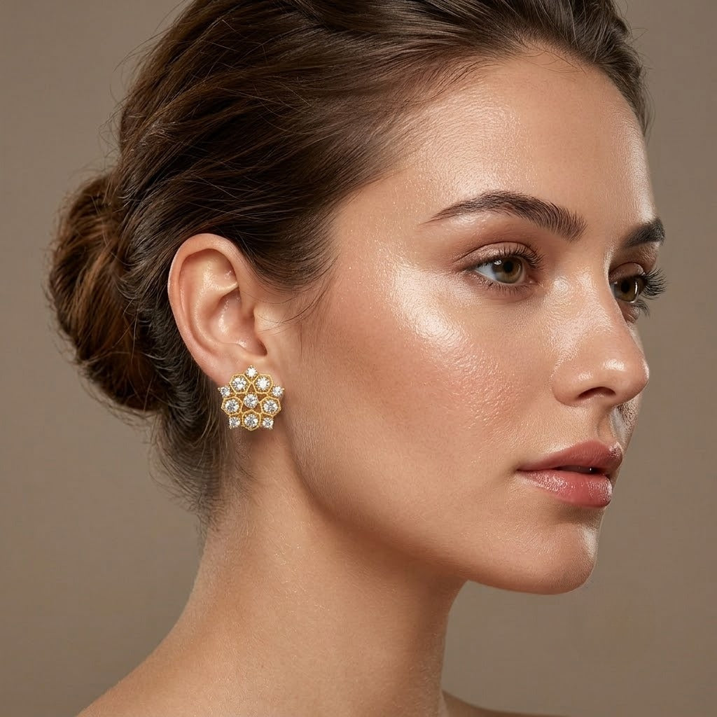 Honeycomb Floral Cluster Diamond Gold Earrings
