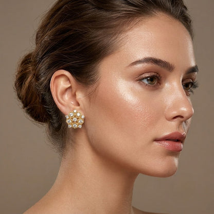 Honeycomb Floral Cluster Diamond Gold Earrings