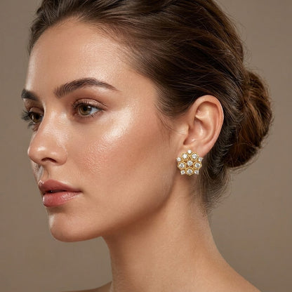 Honeycomb Floral Cluster Diamond Gold Earrings